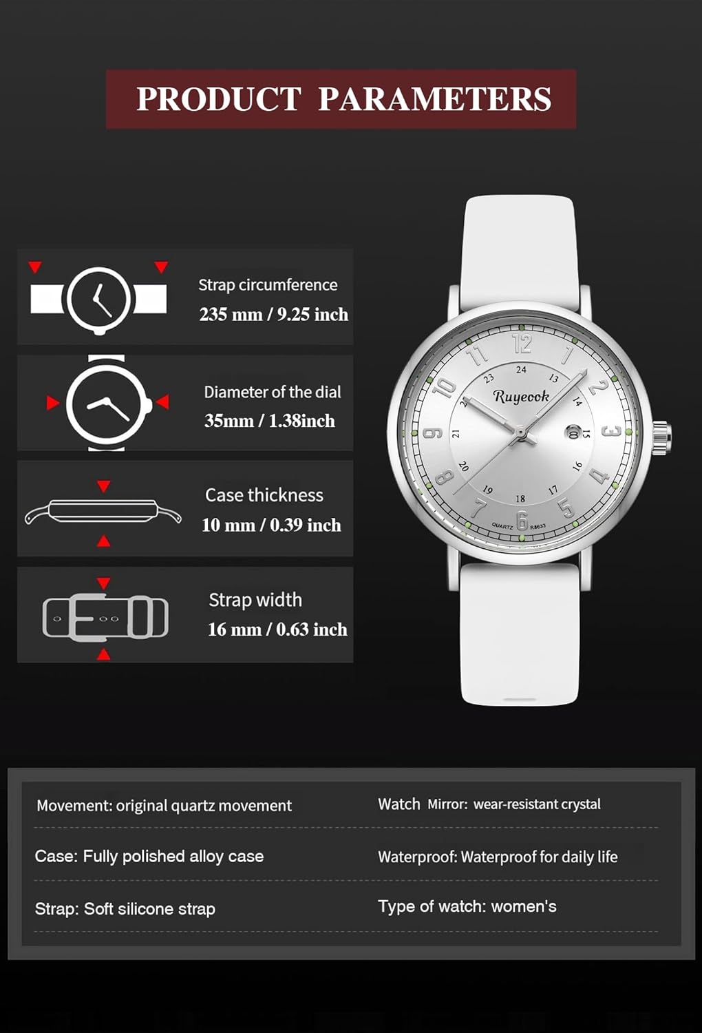 Quartz Analog Watch,Silicone Band, Calendar Date Display, Water Resistant, Watch for Women Nurses Female Nursing Students Lady R8633 white image 5 of 7 B0DS8XPGBV