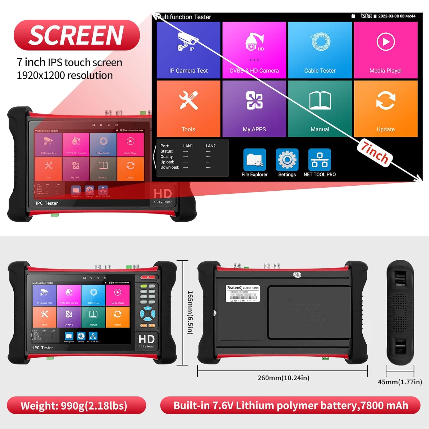 Rsrteng X7-ADHS CCTV Camera Tester 8K 32MP IP Camera Test 7-inch IPS Touch Screen Monitor CCTV Tester with HD TVI/CVI/AHD/SDI/CVBS/Support POE WiFi HD 8GB TF Card