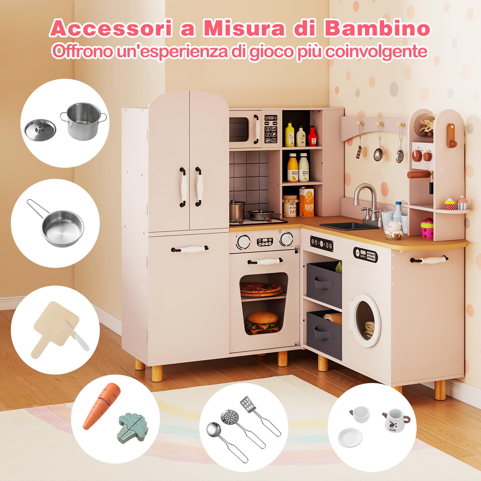 RELAX4LIFE Cucina Giocattolo per Bambini, Cucina ad Angolo in Legno, Effetti Suoni e Luci, Fornelli, Frigorifero, Macchina da Caffè, Lavatrice e Utensili, per Bambini 3+ Anni (Rosa)