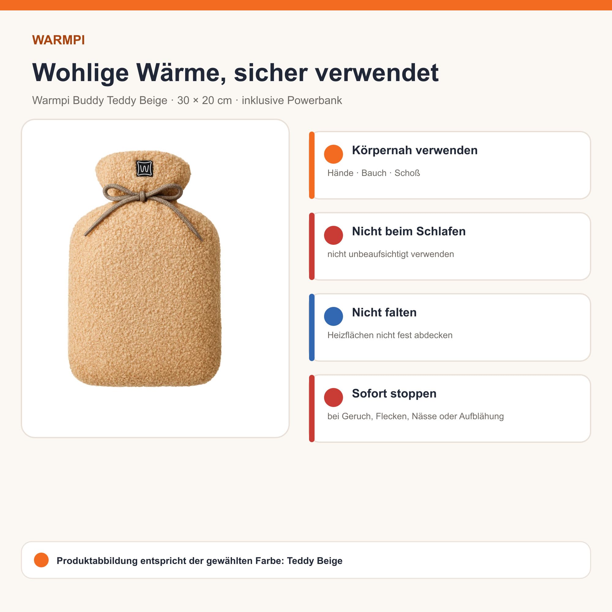 Buddy termofor bez wody, bezprzewodowy, ciepło po obu stronach, 3 stopnie regulacji 40/50/60°C, w zestawie z power bankiem 10000 mAh, 30 × 20 cm – Teddy Beige