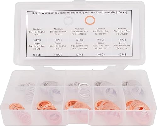 Miniatura 5 de Dsnaduo 100 juntas de tapón de drenaje de aceite de aluminio y cobre de 10 tamaños, kits surtidos de arandelas para M12 M14 M16 M18