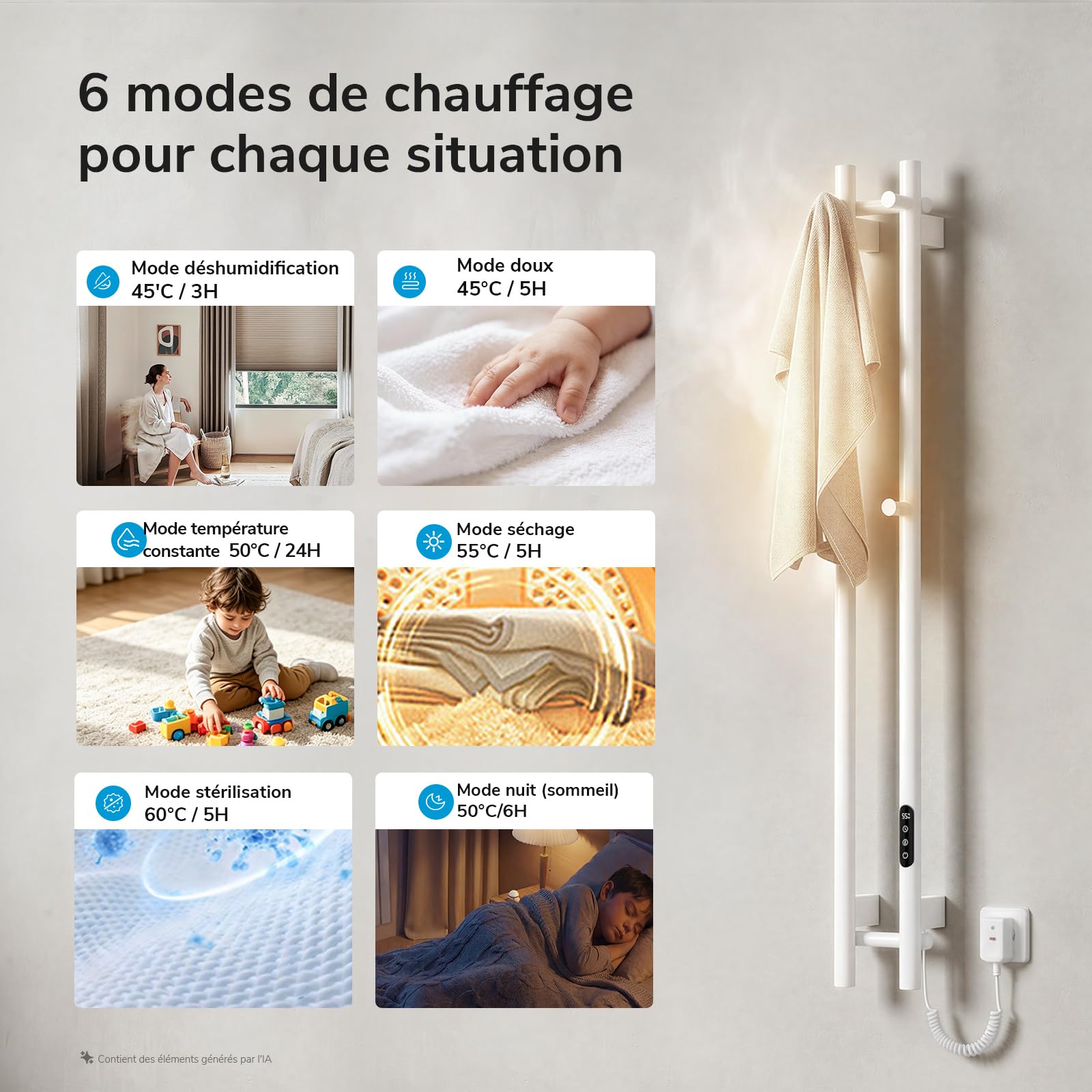 Heilmetz 1200x124mm Sèche Serviette Électrique WiFi Blanc, Seche Serviette Electrique Salle de Bain Vertical 2 Barres avec Crochets, Contrôle APP, Minuterie & Thermostat, 145W