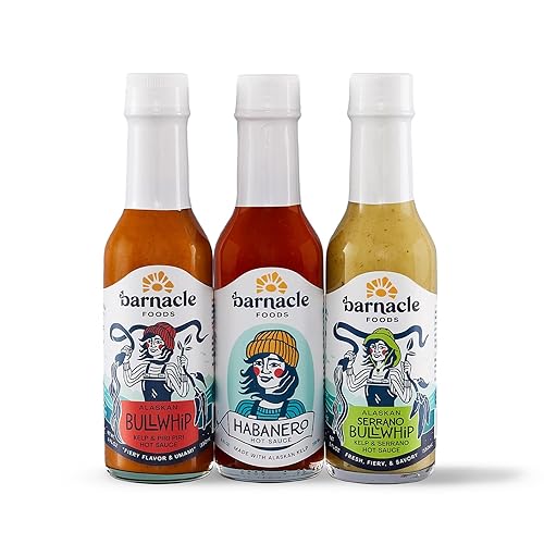 Barnacle Foods Bull Kelp - Paquete variado de salsa picante Bullwhip Kelp, Serrano y Habanero Hecho en Alaska, delicioso sabor y calor, lleno de