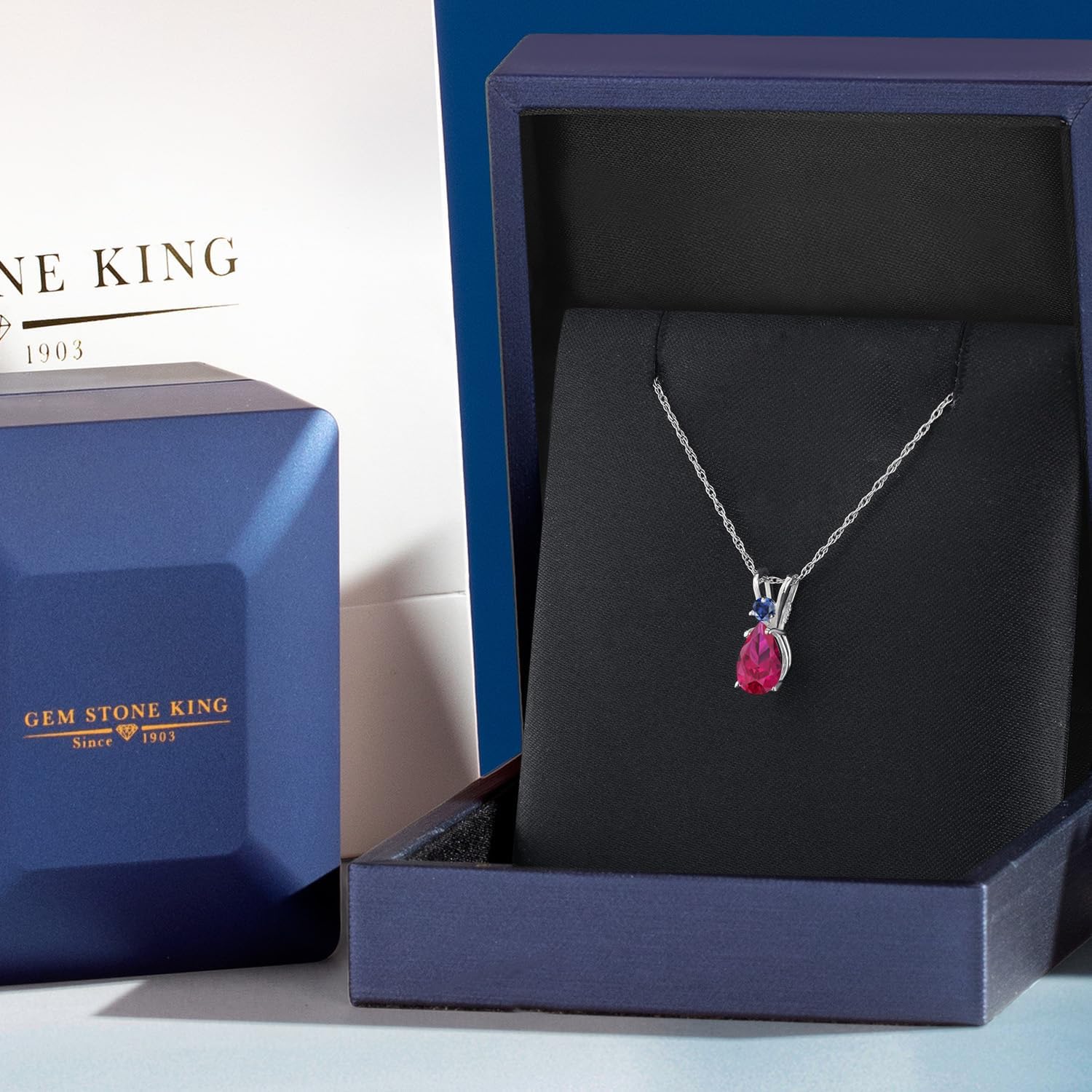 Gem Stone King 14K White Gold Red Created Ruby and Blue Created Sapphire Pendant Necklace for Women | 1.05 Cttw | Gemstone July Birthstone | Pear Shape 7X5MM | With 18 Inch Chain - Image 5