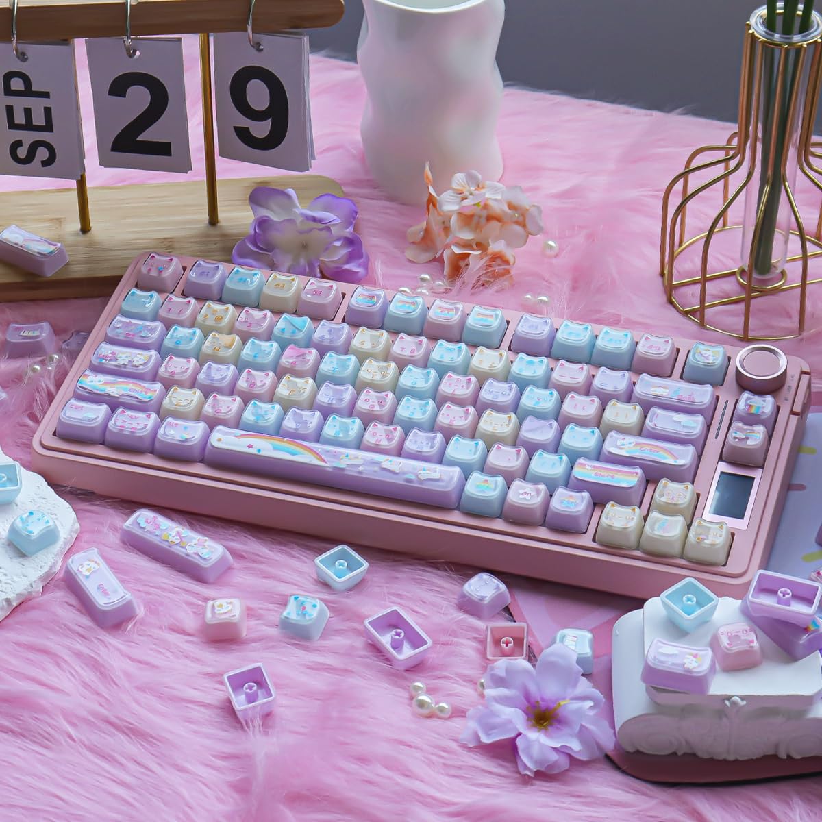 Crystal Jelly Cat Keycaps, 131 klawiszy Double Shot Translucent Cute Keycaps, Mao Profile Custom Keycap for Cherry Gateron MX Switches Mechanical Keyboard