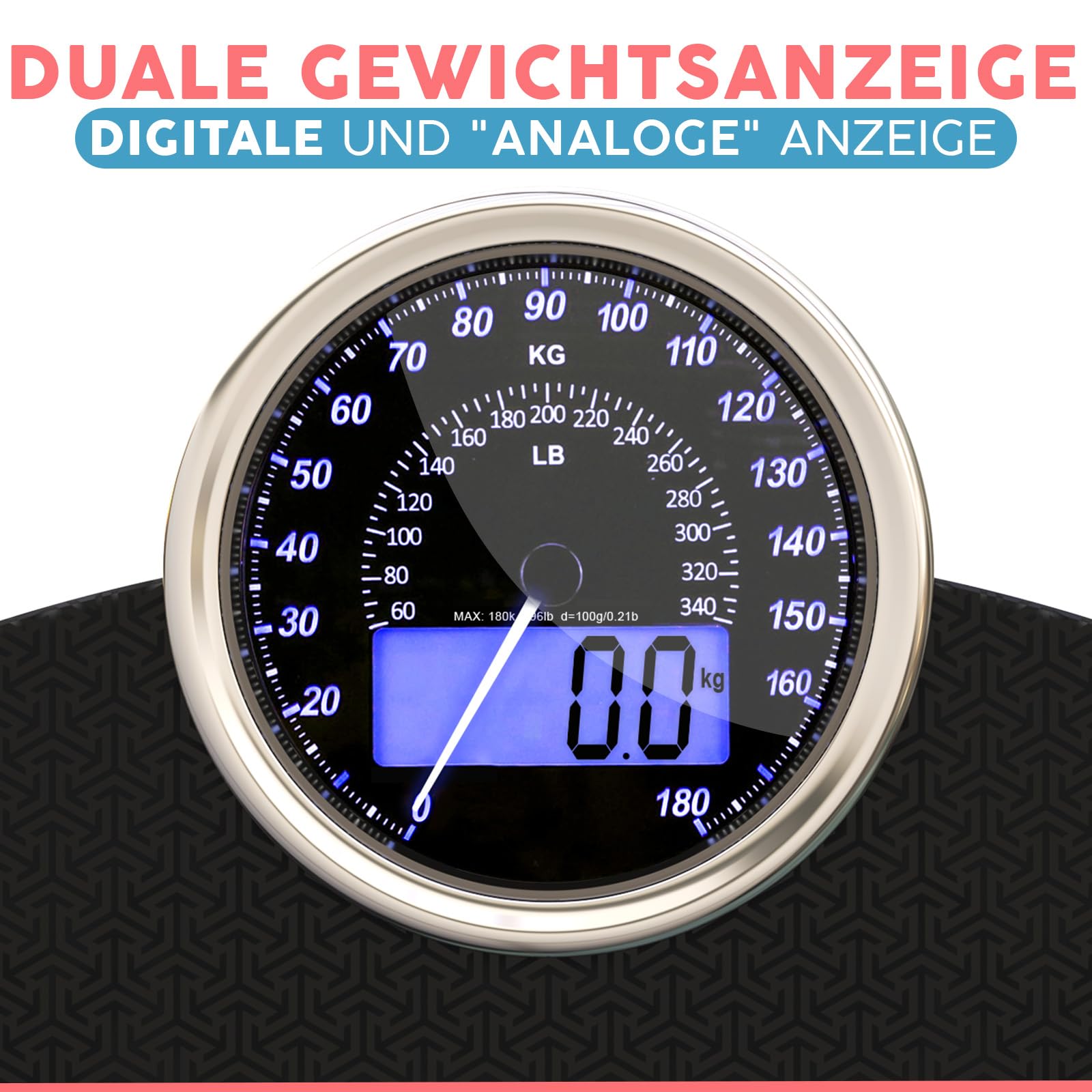 Hybrid 2-in-1 Analog- und Digitalwaage bis 180 kg mit Großem Display | Präzise GX-Sensoren auf extra breiter Plattform aus gehärtetem Glas, Matrix Schwarz