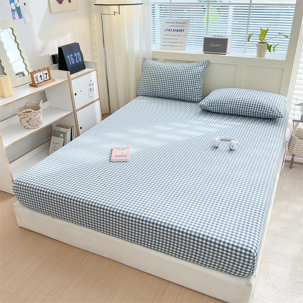 Blue Gingham King Fitted Sheet Soft 100% Washed Cotton Grid Bottom Sheet with 15" Deep Pocket 1 Piece Plaid Fitted Sheet Blue Gingham Bedding Farmhouse Comfortable and Breathable Mattress Cover