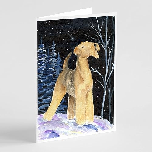 Caroline's Treasures SS8361GCA7P - Tarjetas de felicitación y sobres de noche estrellada Airedale, paquete de 8 tarjetas en blanco con sobres,