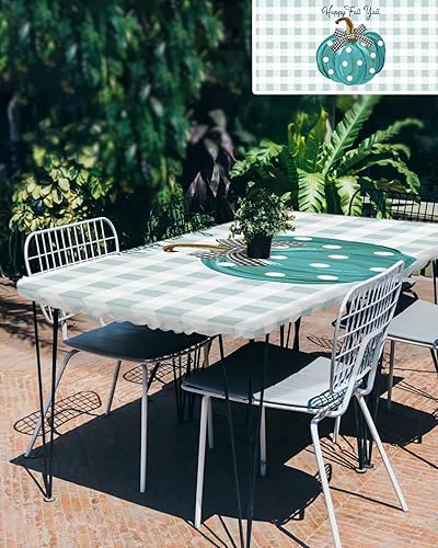 Miniatura 3 de Thanksgiving Pumpkin Fitted Table Covers for 6 Foot Tables Happy Fall Yall Polka Dots Pumpkin Teal Plaid Elastic Table Cover Rectangle 32x72