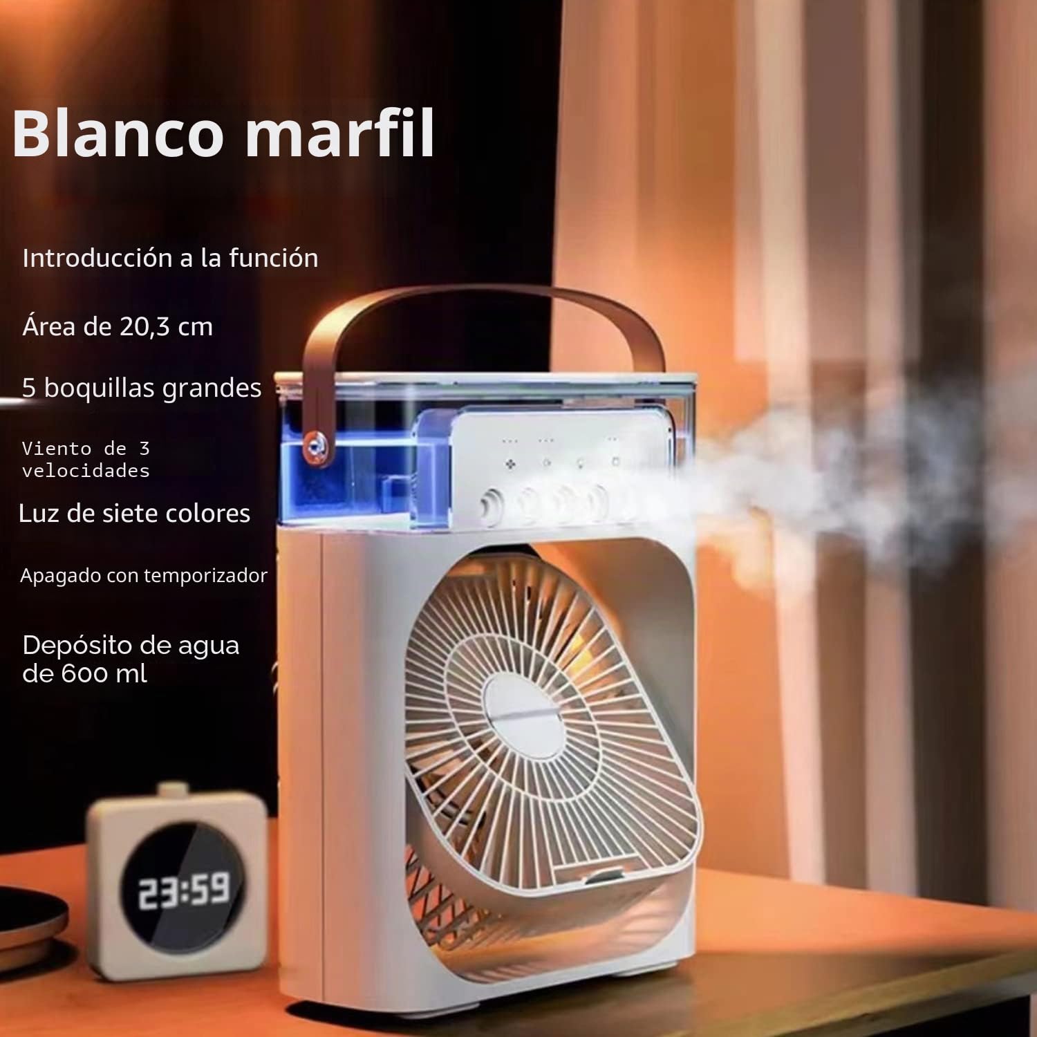 Ventilador de aire acondicionado portátil, 4 en 1, mini ventilador de refrigeración personal con pulverizador de agua, 3 velocidades, aire evaporativo, ventilador de agua, vaporizador, niebla y mesa