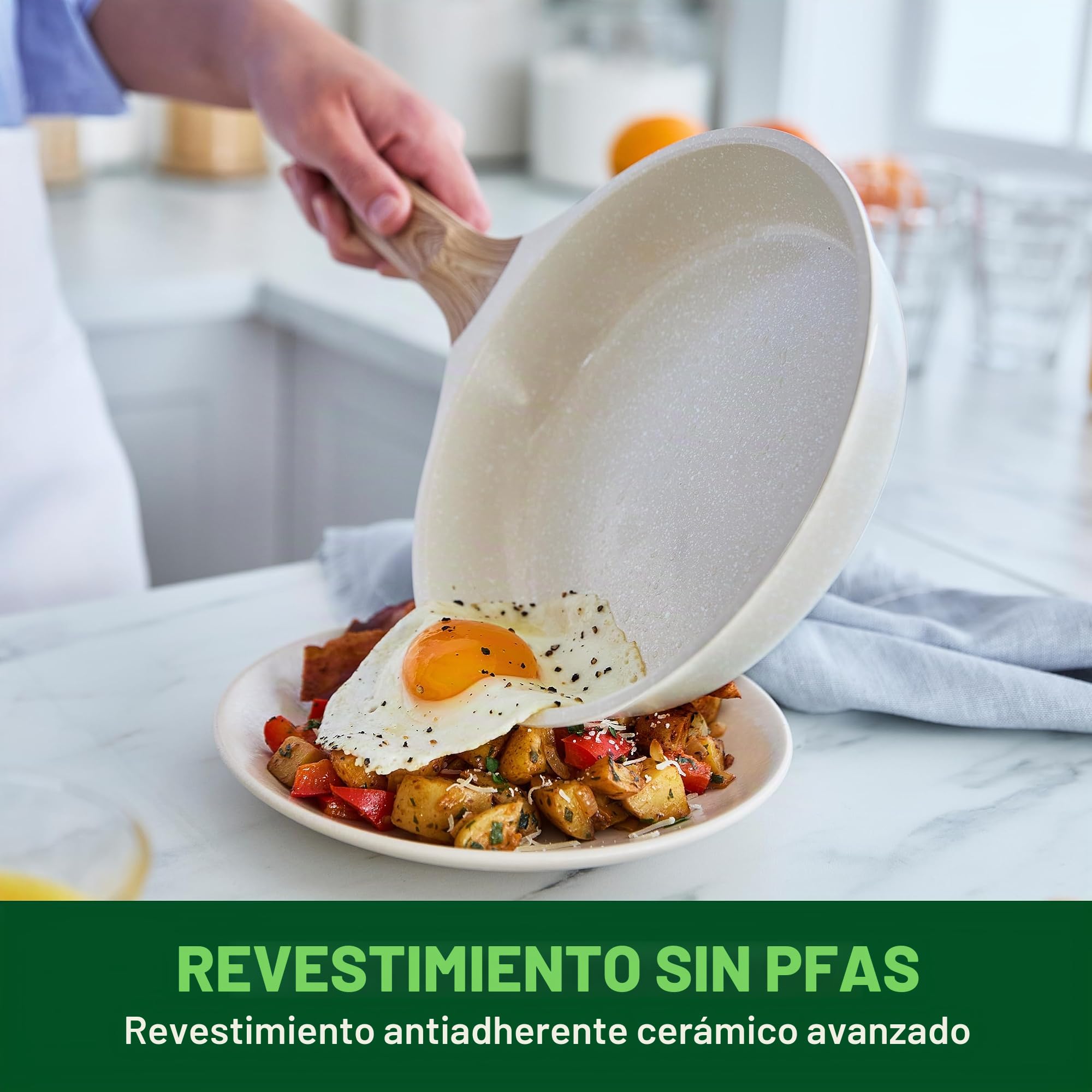 GreenChef Arte - Juego de 2 sartenes antiadherentes de cerámica (24 cm y 28 cm, sin PFAS, aptas para inducción, mango de madera), color crema