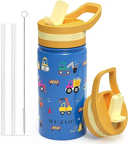 Miniatura 9 de BUZIO Botella de agua para niños de 14 onzas con tapa con popote, botellas térmicas de metal de acero inoxidable aisladas al vacío para niños y