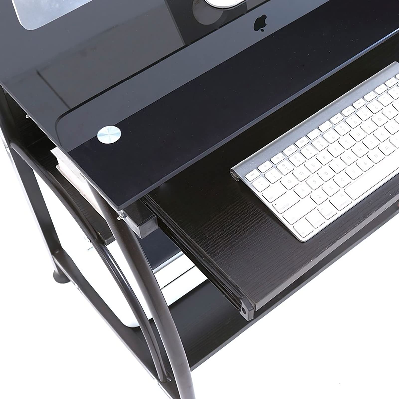 Generico Scrivania per Computer in Vetro temperato con Vassoio per Tastiera, scrivania Multifunzionale per Ufficio e Tavolo da Studio con Ripiani portaoggetti per casa, Ufficio, Camera da Letto e SOG