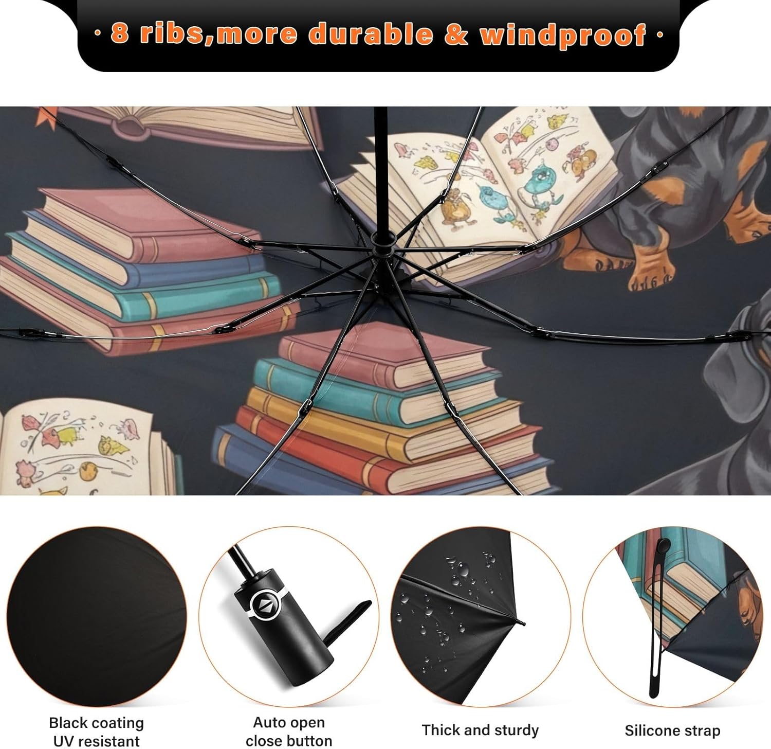 GAIREG Dachshund Dog Reading Books Print Folding Umbrella, Automatic Open Close Compact Travel Umbrella for Sun and Rain Windproof Waterproof