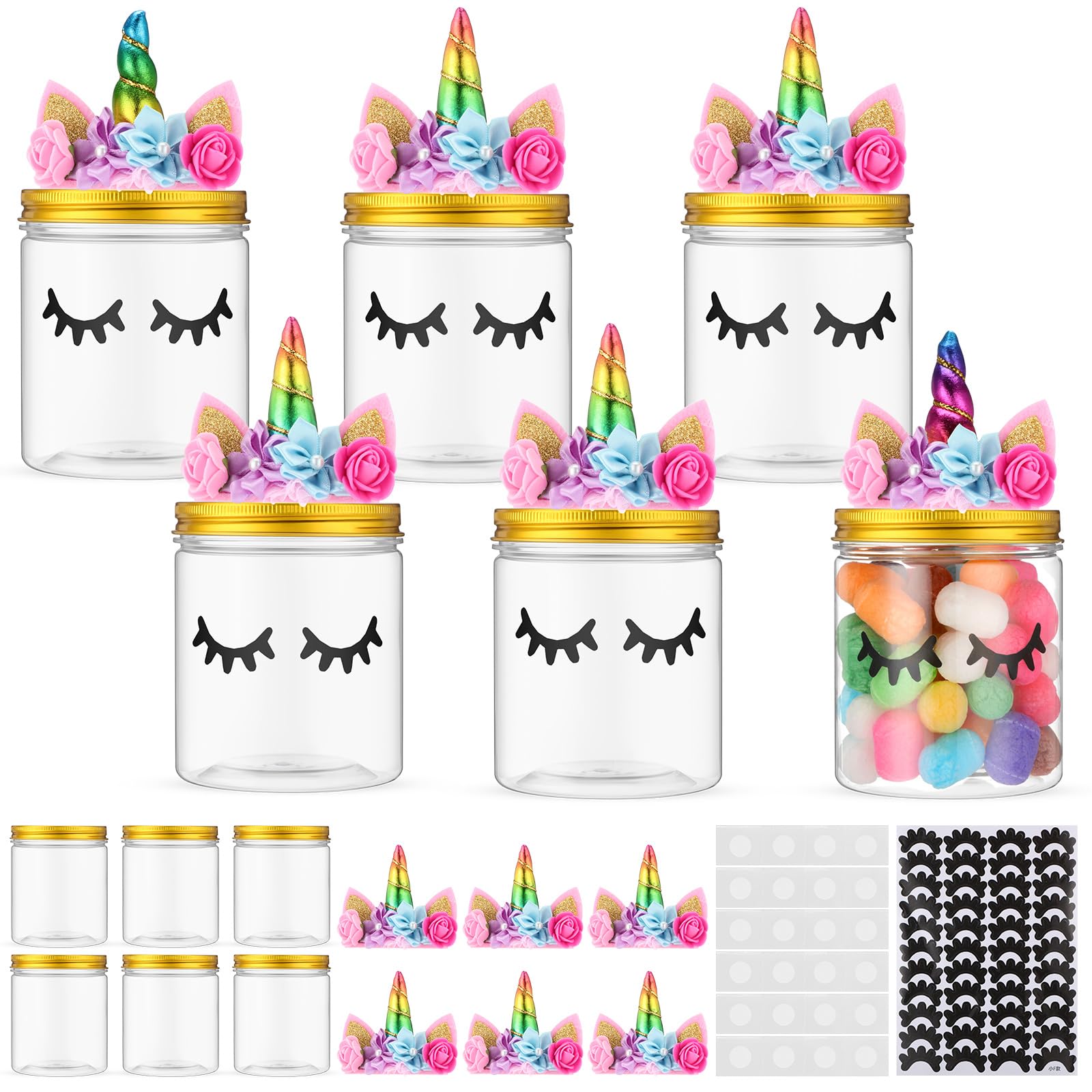 Libima 6 Sets Unicorn Themed Plastic Jars with Lids DIY Plastic Bottles 16 oz Party Candy Jars Unicorn Figures for Baby Shower Birthday Party Decorations(Floral)