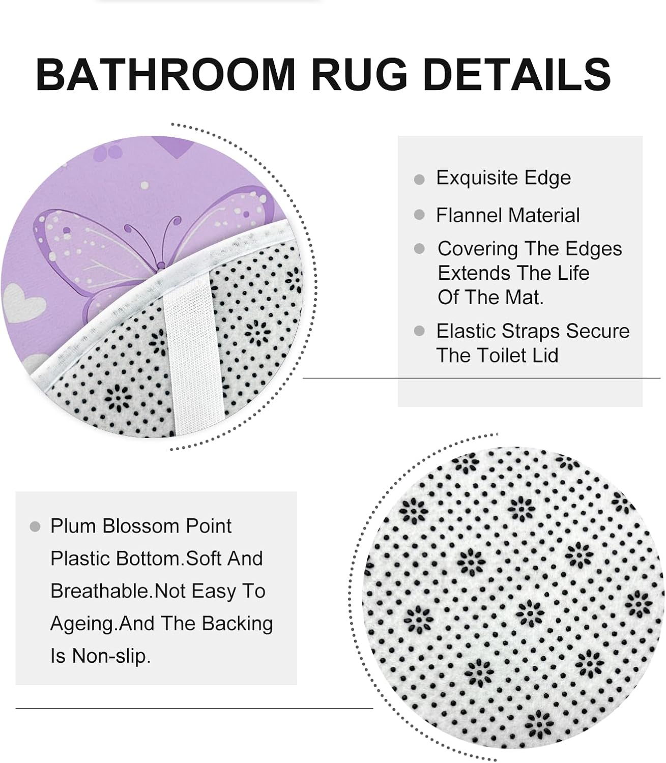 4PCS Violet Cute Butterflies Bathroom Accessory Sets with Non-Slip Rug, U Shape and Toilet Lid Cover Mat, Kawaii Fun Kids Bathroom Curtain Fabric Decor-72''x72''