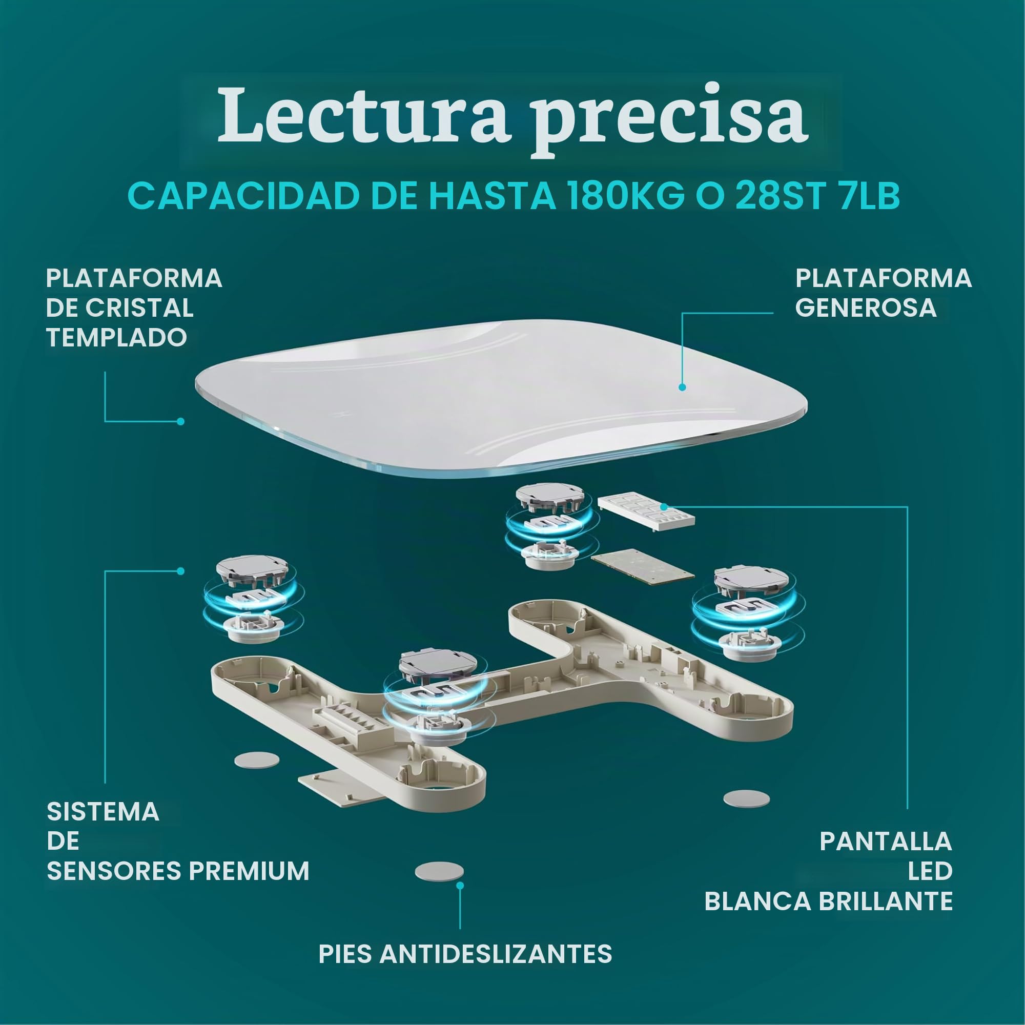 Homedics Essential Báscula Digital de Baño con Pantalla LED | Básculas con Seguimiento Preciso del Peso, kg/lb/st, Vidrio Templado, Patas Antideslizantes