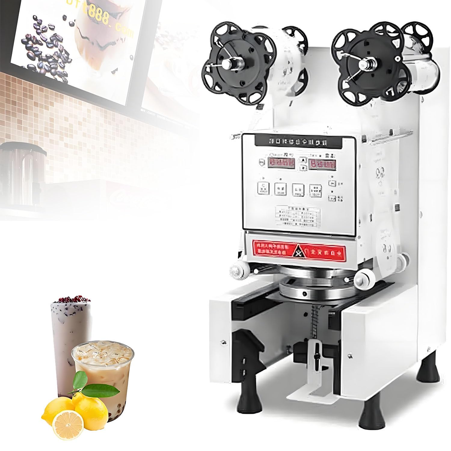 AiODiO 350w Commercial Cup Sealing Machine,Full Automatic Cup Sealer Machine，/Milk Tea/Juice/Drink Sealing Machine For 90/95mm Plastic& Paper Cup Sealing500-650 Cups/Hour White
