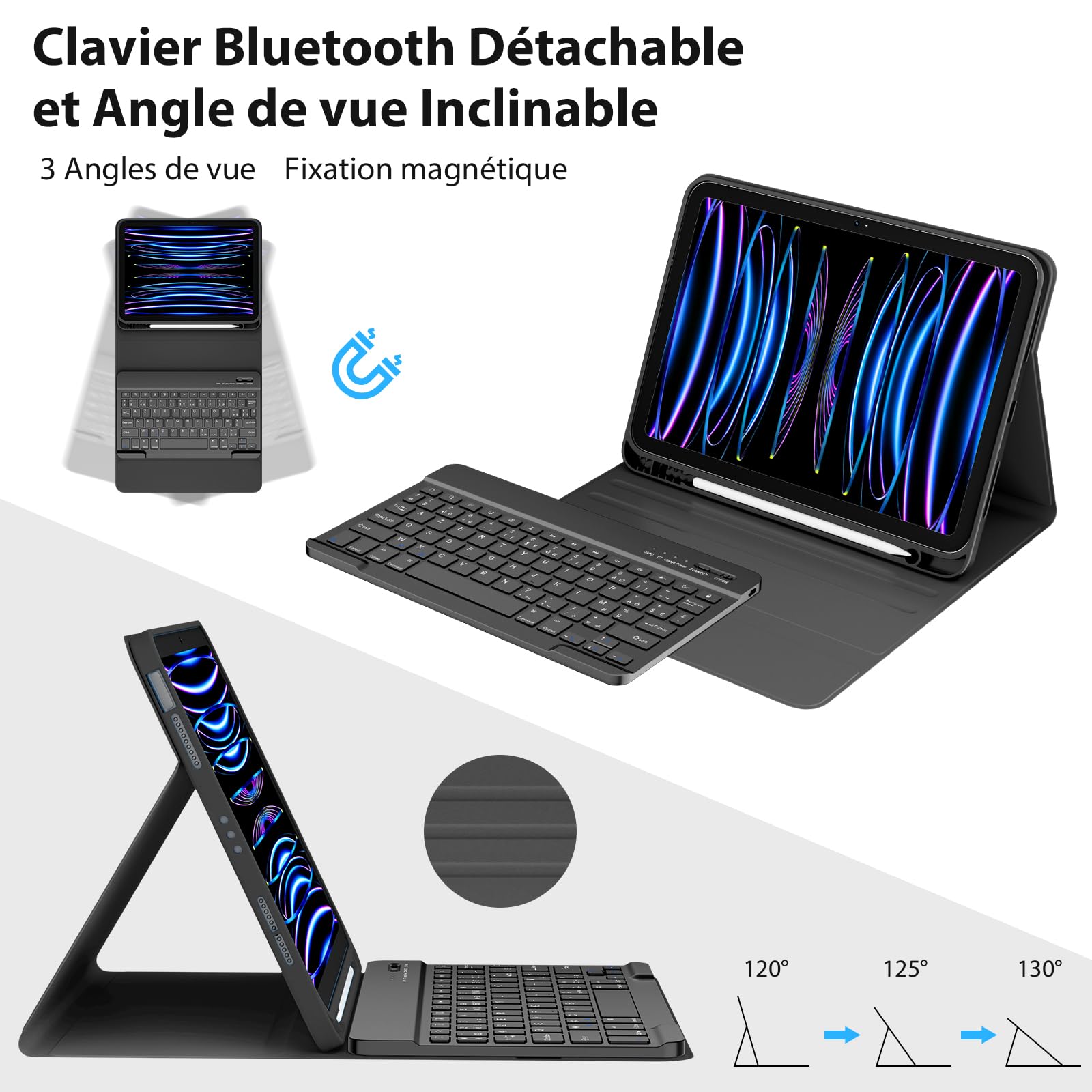 CC Store Clavier pour iPad Air 11“ M3 2025/M2 2024, Air 5 2022/Air 4 2020,iPad Pro 11 4/3/2/1Gen, Coque avec Keyboard Français, Clavier Bluetooth Magnétique Détachable avec Fente pour Stylo, Noir