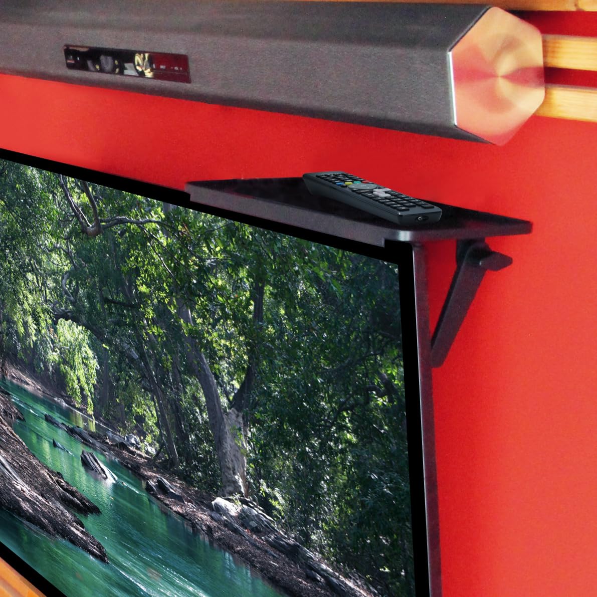 METRONIC 451074 - Scaffale per TV con supporto per schermo, monitor, decoder tablet, vassoio superiore per supporti multimediali, altoparlanti - semplice installazione - nero