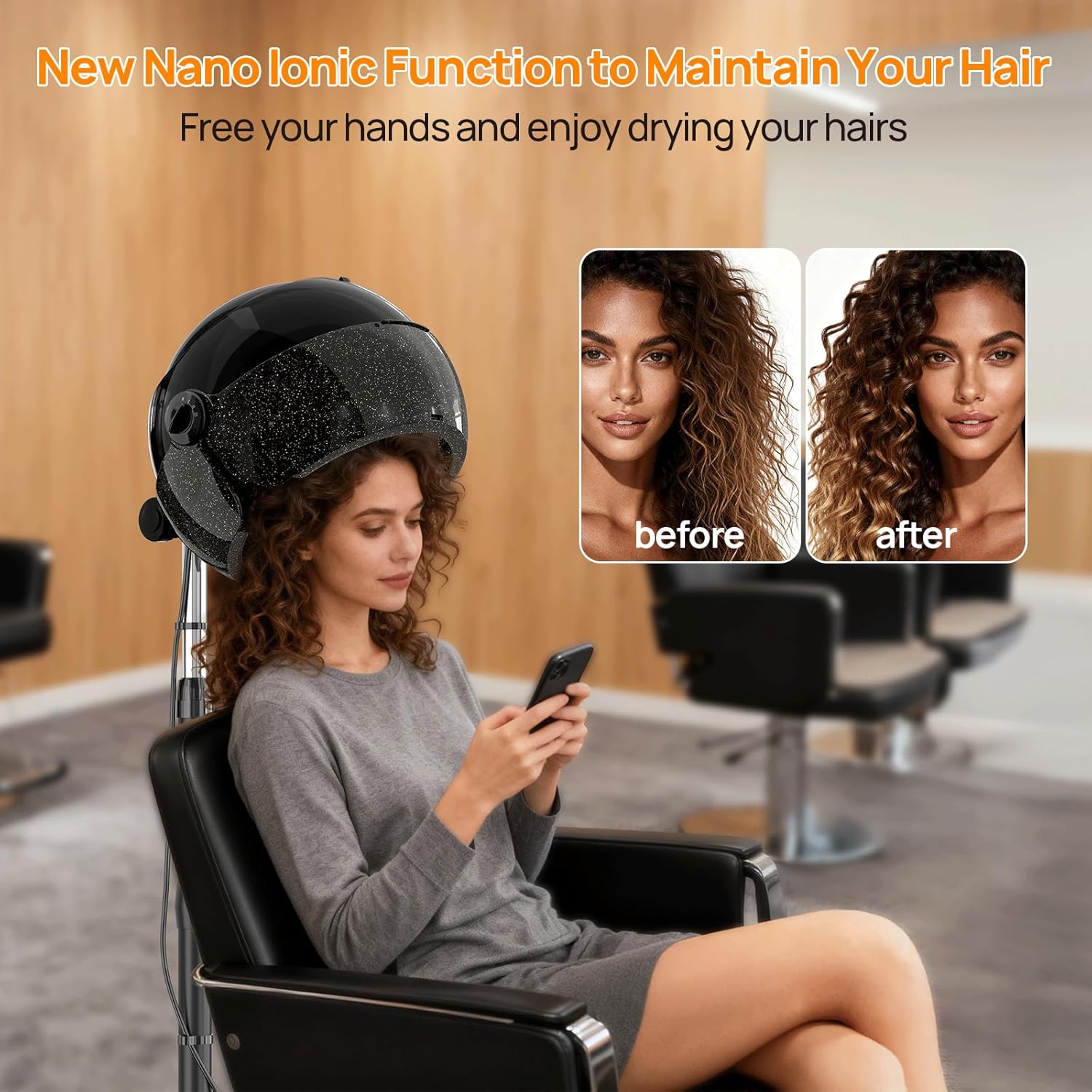 Kingsteam Ionic Hooded Hair Dryer, 1300W Standing Hair Dryer with Gentle Even Heat, 3 Heat & Timer Settings, for Deep Conditioning, Curl Styling & Hands-Free Drying, Rolling Stand for Home Use - Image 3