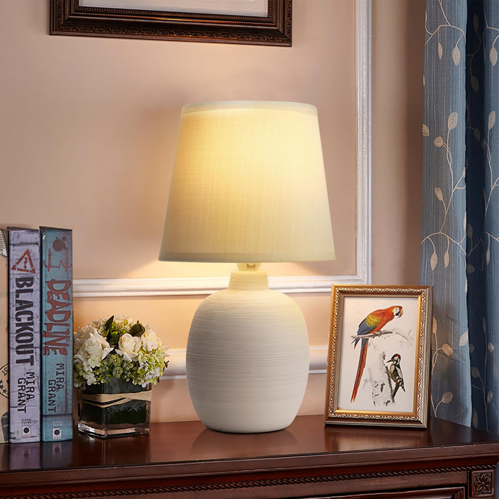 Aigostar - Lampa stołowa E14, lampka nocna LED, abażur z tkaniny, klasyczna lampa biurkowa w stylu vintage do sypialni, gabinetu, salonu itp.