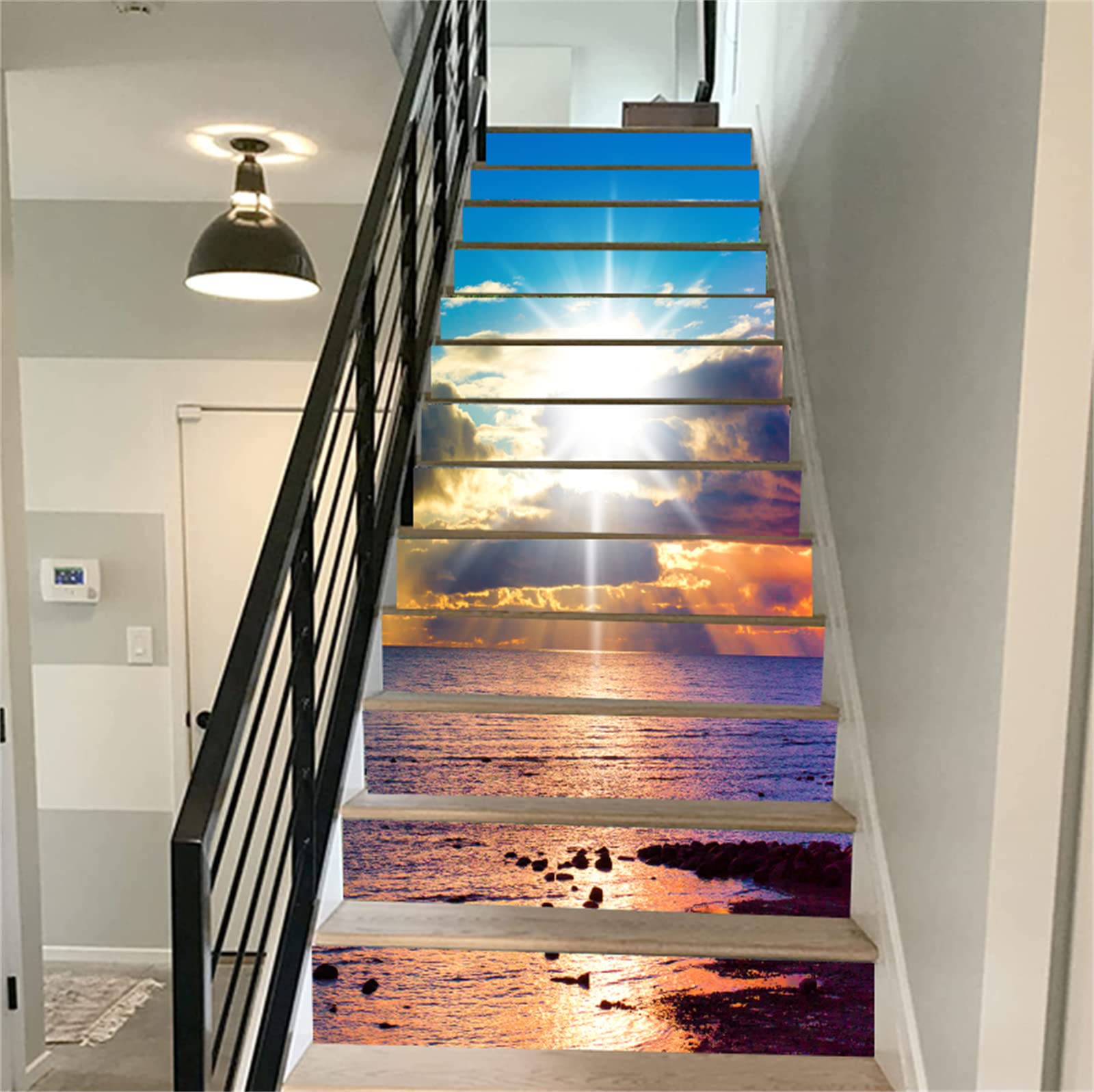 FLFK 15pcs Stair Risers Stickers Peel and Stick - Magnifique lever de soleil sur la mer Autocollants pour escaliers Décalcomanies pour marches d'escaliers Décoration intérieure 39.37 "x7.09"