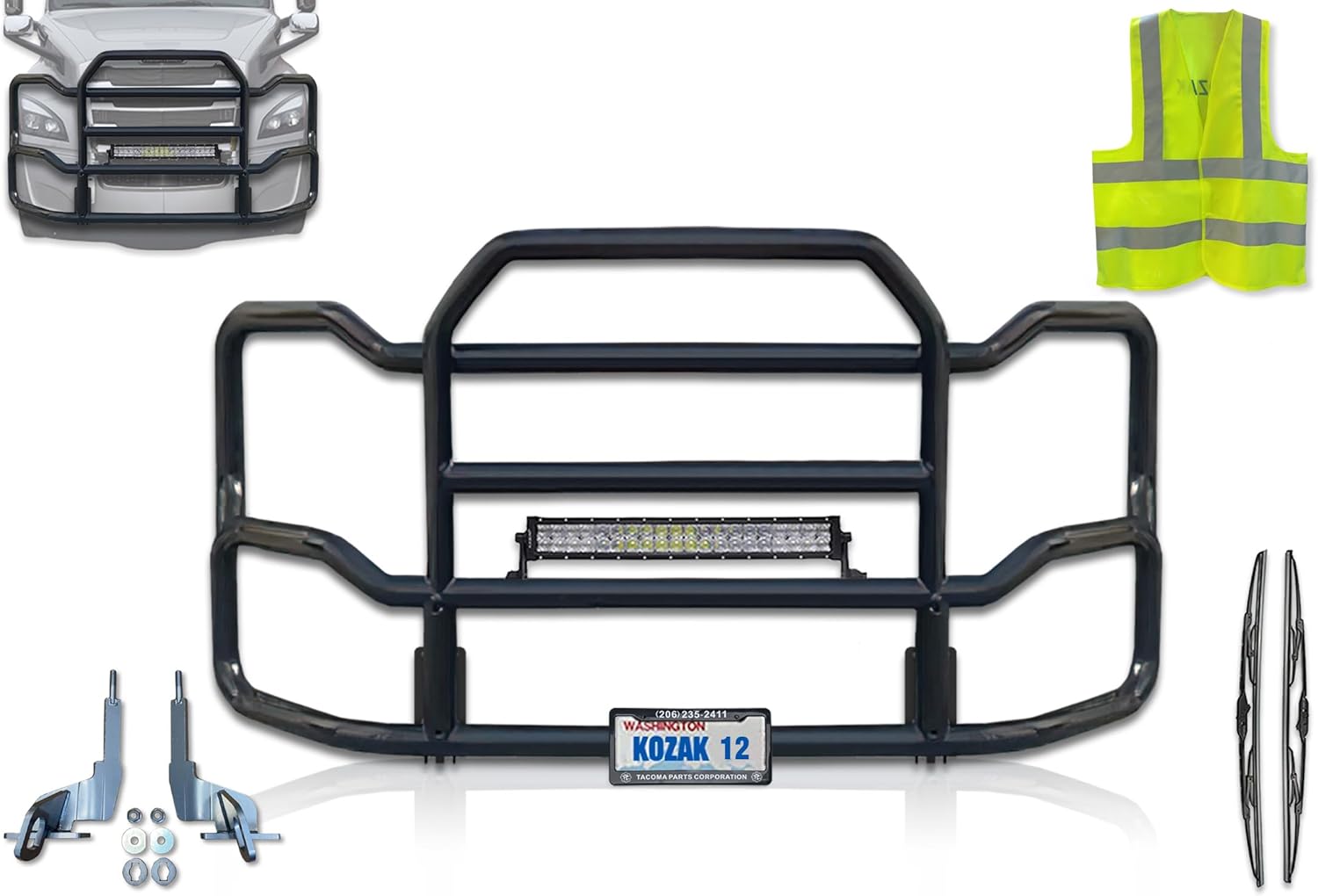 Black Front Grille Deer Moose Brush Bumper Guard Large Compatible with Freightliner Cascadia 2018 and Newer PLUS Bracket, Logo, 22" LED Light Bar, Wipers, License Plate Holder and Frame, Vest