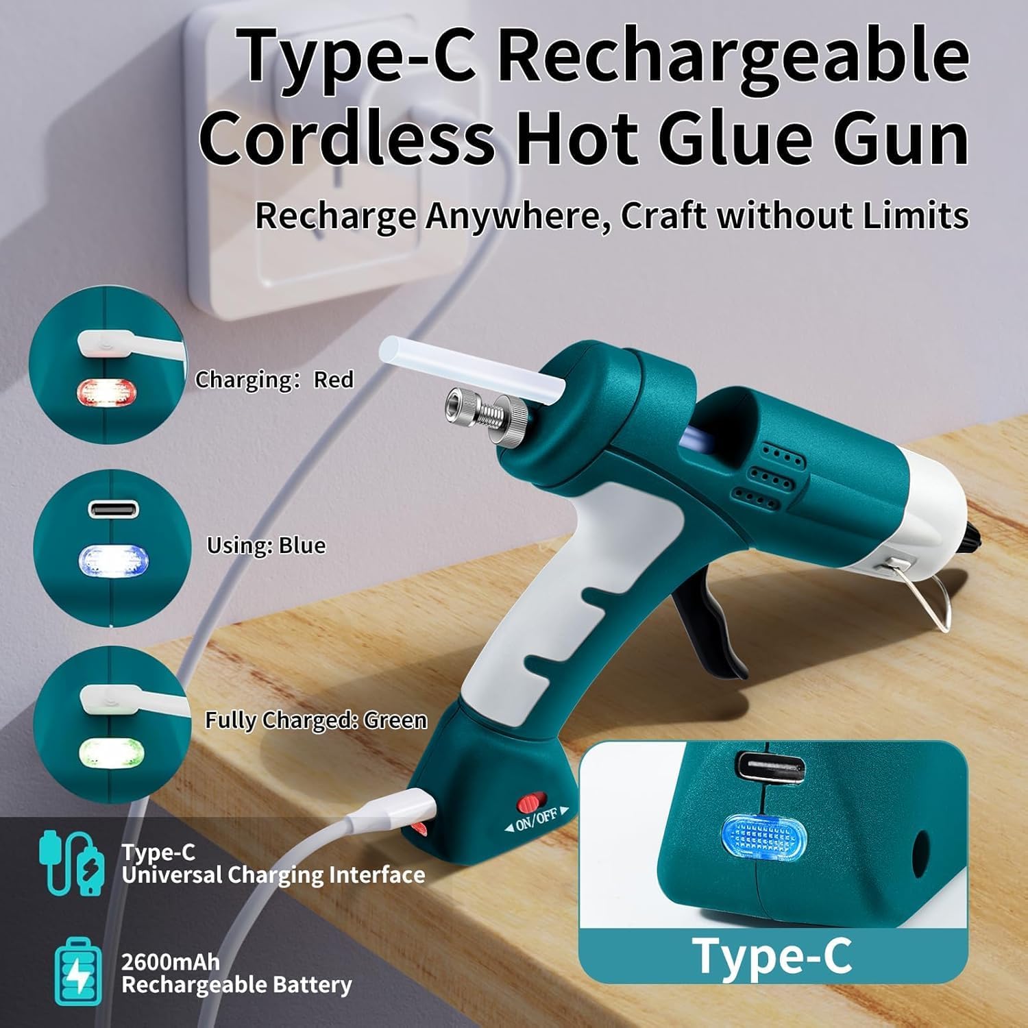 2026 Upgraded Cordless Hot Glue Gun with 30 Premium Glue Sticks, Fast Preheating and 2600mAh Type-C Rechargeable Hot Melt Glue Gun, Mini Glue Gun Ideal for Crafts, DIY Gift, Repairs(20w)