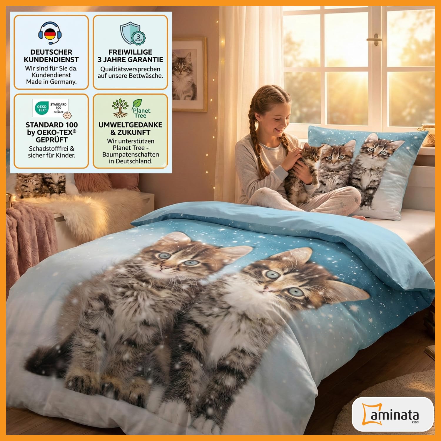 Aminata kids Bettwäsche Katze Biber 135x200 Kinder 100% Baumwolle blau