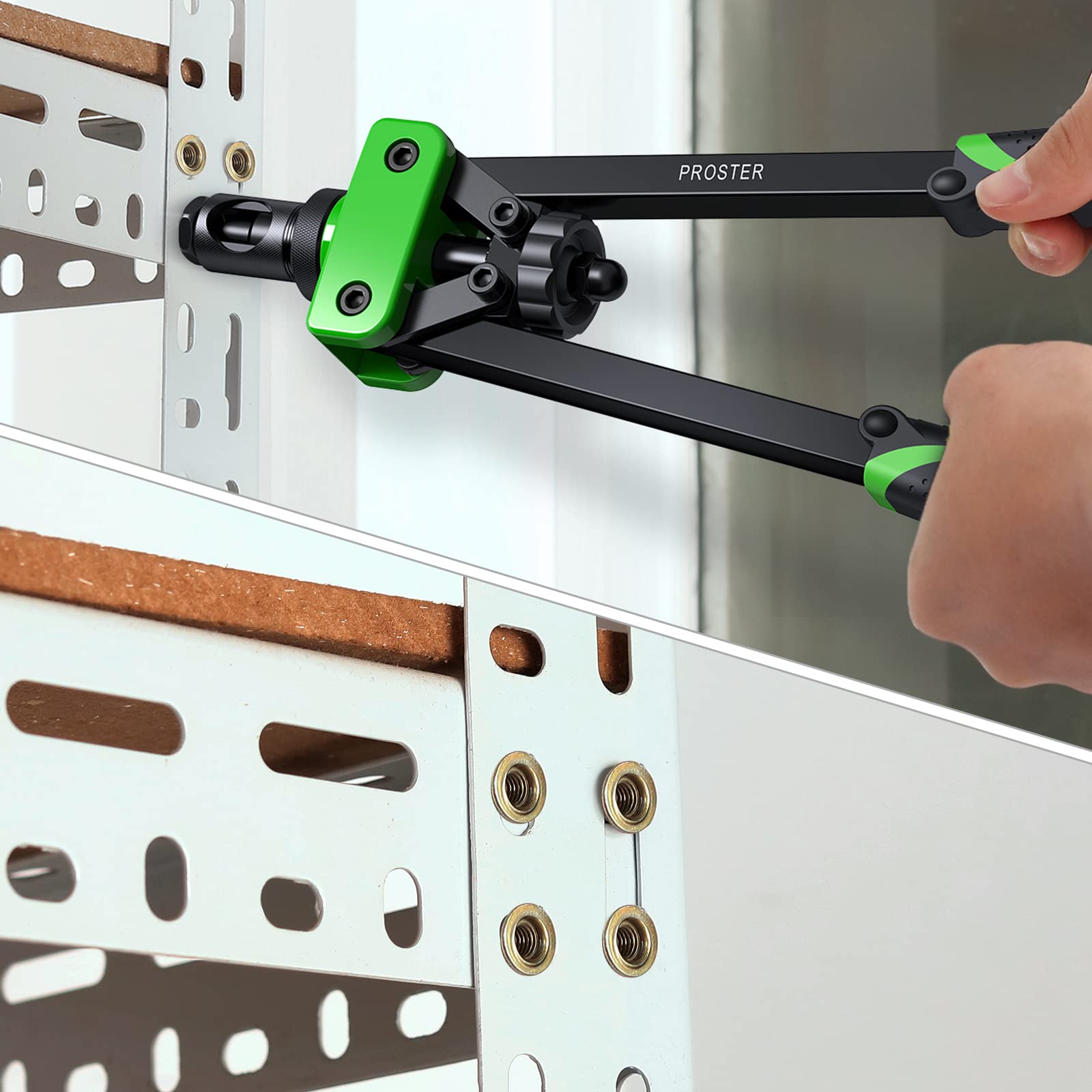 Proster 14" Riveteuse Manuelle - Pince à Insert Fileté Professionnelle avec Mandrins Interchangeables M3-M10, 150PCS Écrous, Économie d’Effort pour Réparation Auto, Métal, Atelier, Bricolage (Vert)