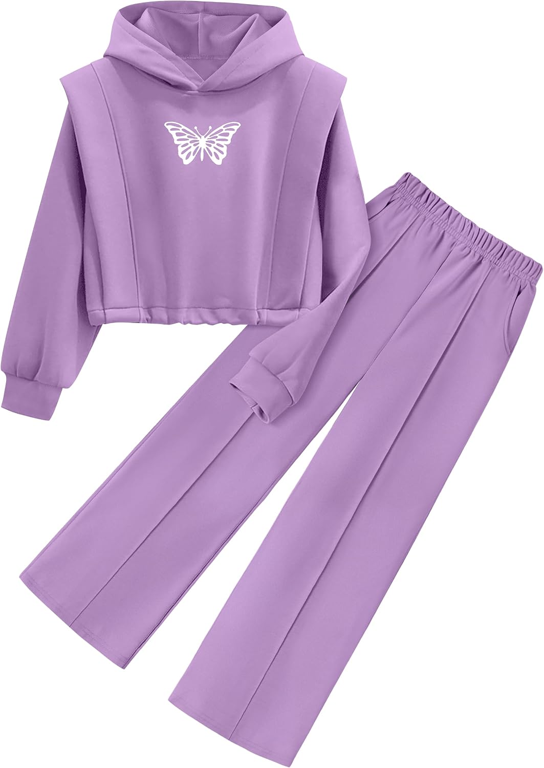 Girls Clothes 2 Piece Outfits Butterfly Print Hoodies Solid Sweatshirts Sweatpants Clothing Sets with Pockets 7-14Y