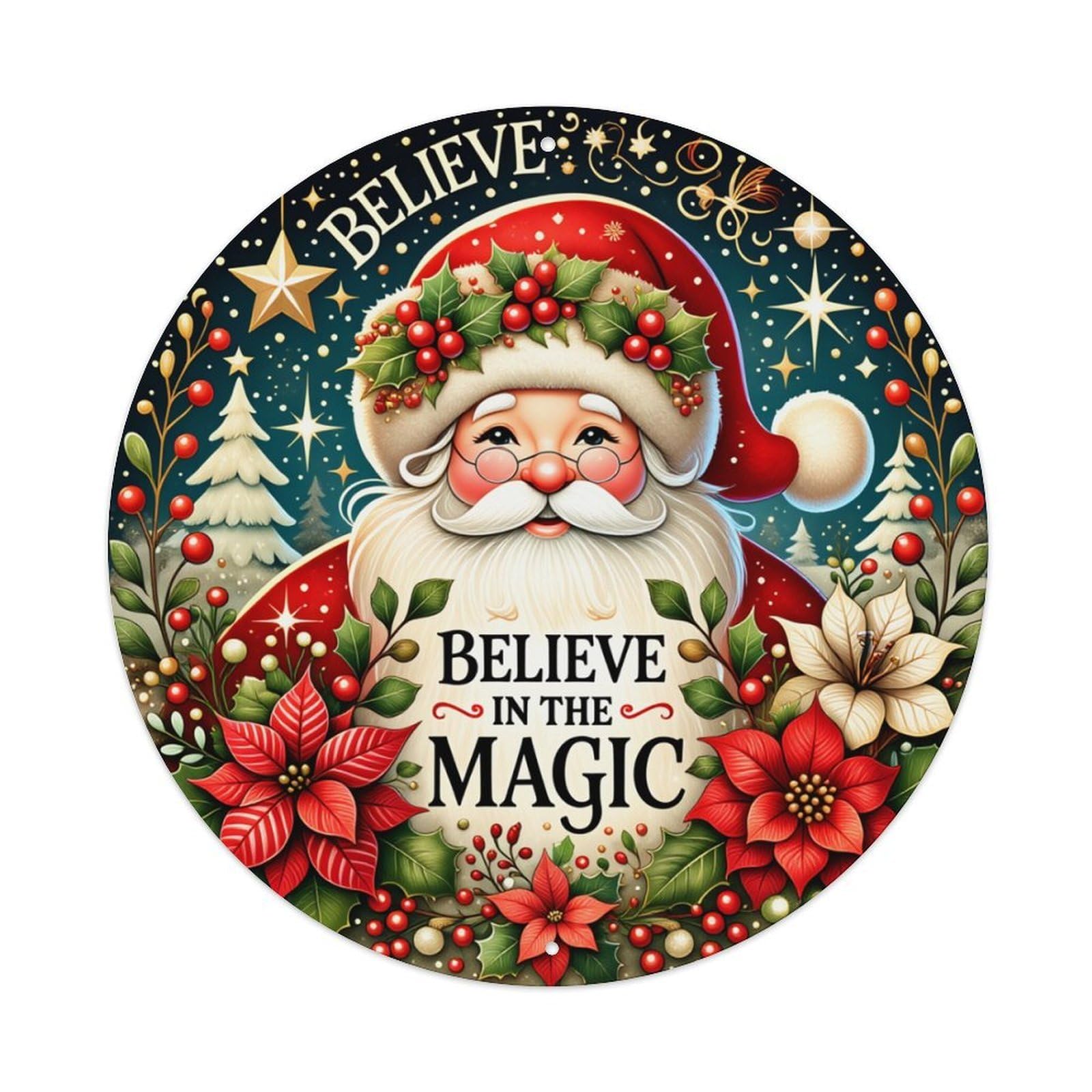 Believe In The Magic Santa Round Tin Sign Retro Metal Sign for Cafe Bar Pub Home Game Room Gym Club Wall Decoration Vintage Metal Poster 8x8 Inch