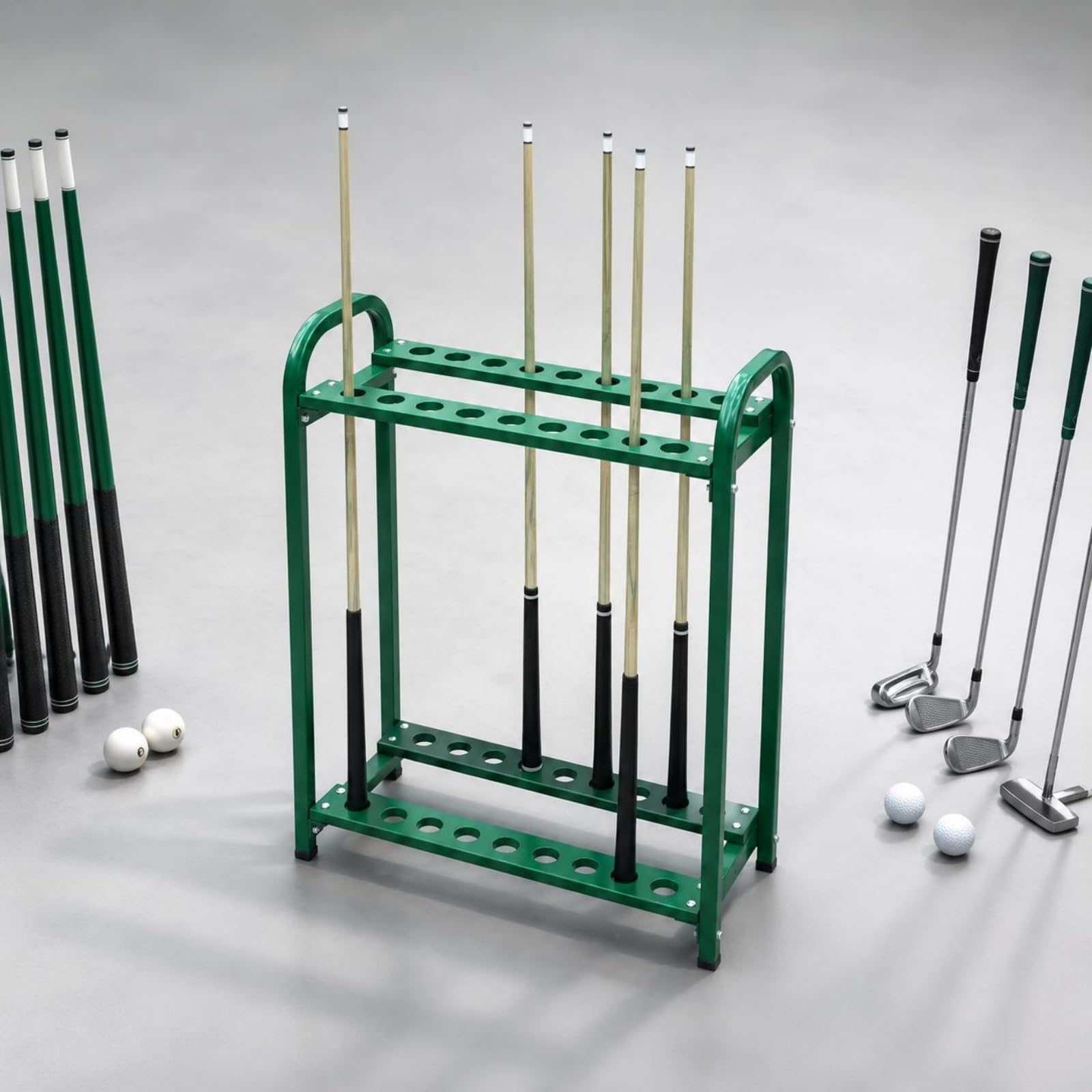 Soporte para Palos de Golf Organizador Estante Portapalos Porta Cañas Portacues Estructura Sólida de Acero y Dos Niveles Evita Desorden y Protege