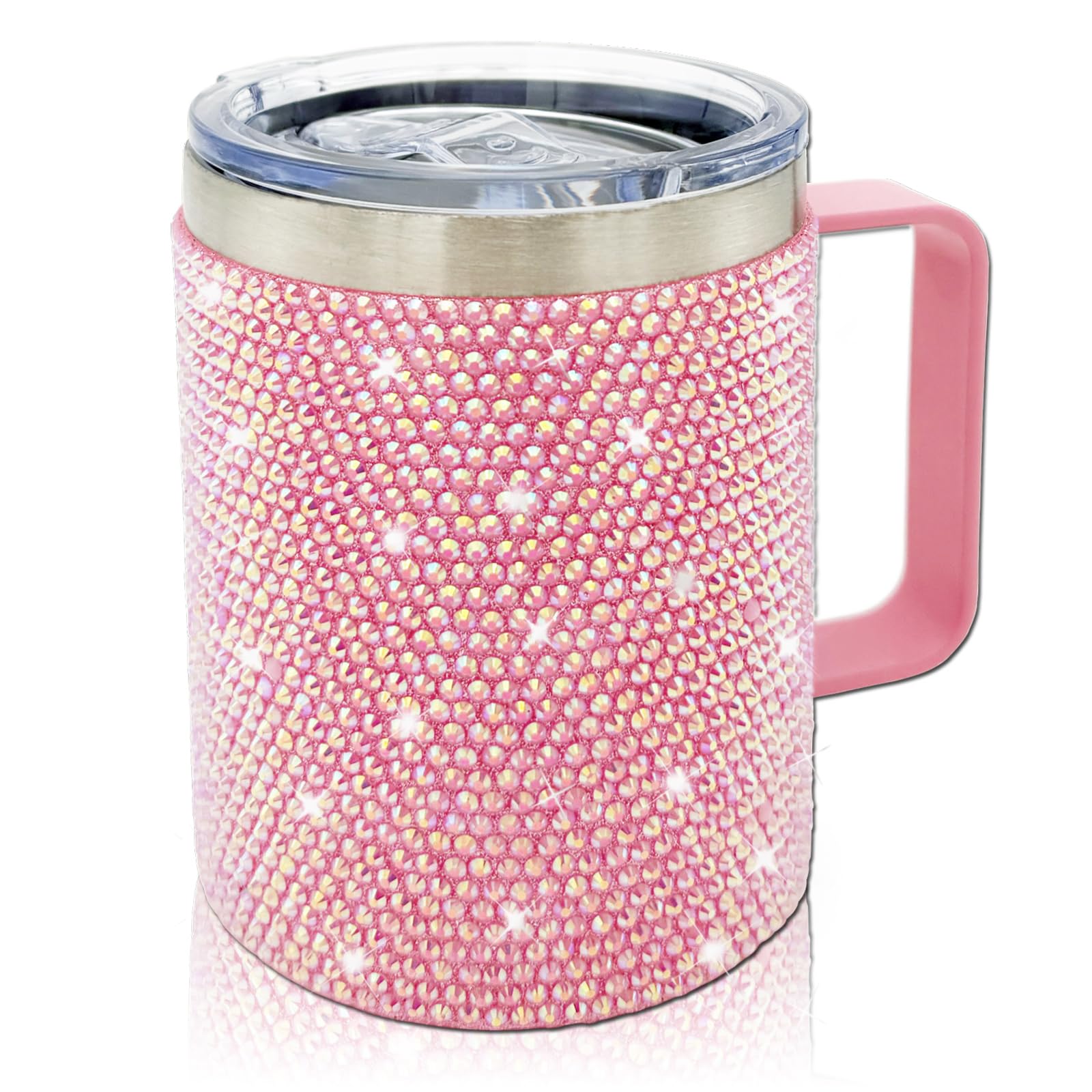 Taza de café de viaje de 12 onzas con asa y tapa, taza de café aislada con diamantes de imitación, de acero inoxidable, reutilizable, con purpurina, taza térmica para el hogar y la oficina