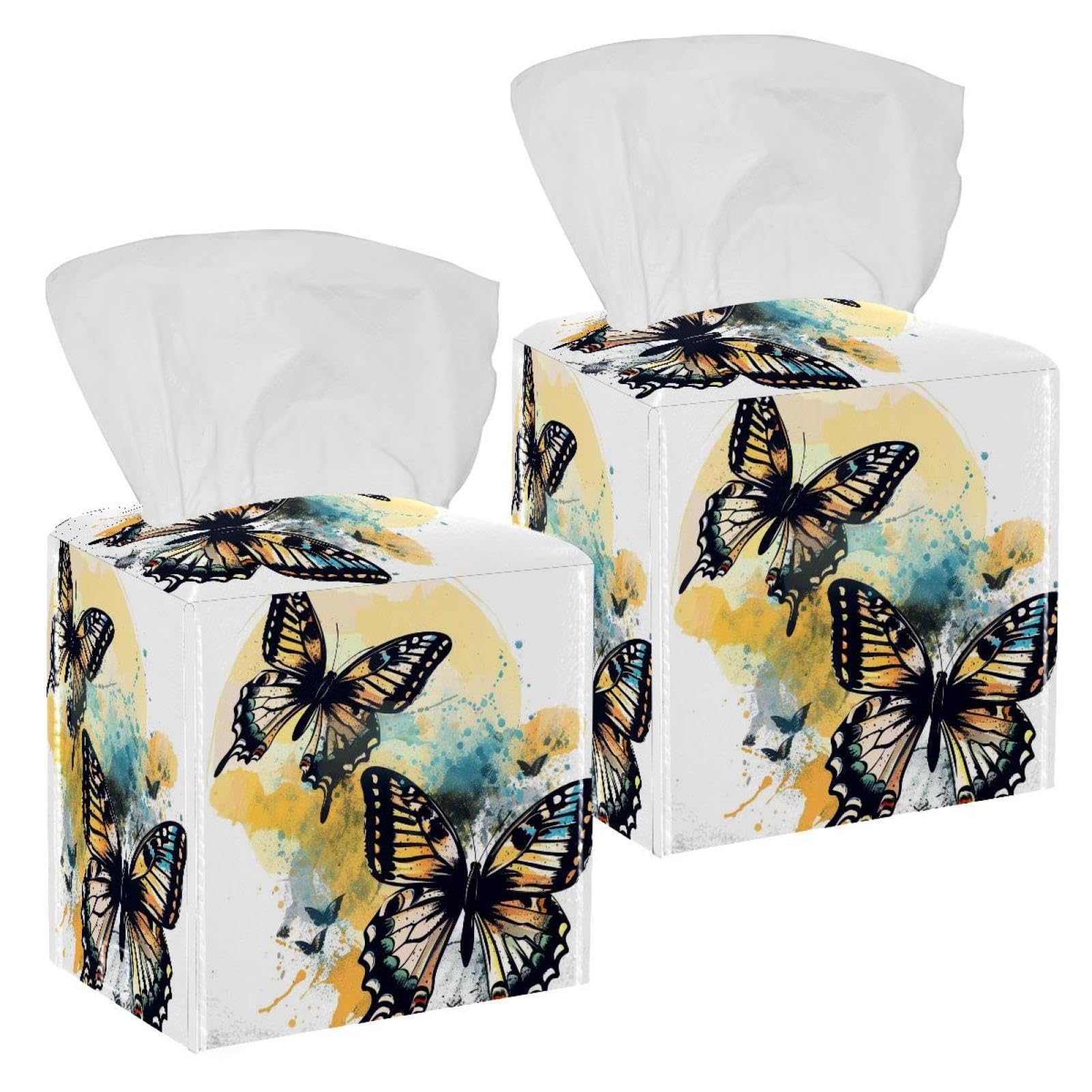Butterflies Tissue Box Cover, 2 Pack PU Leather Square Facial Tissue Dispenser Box holder for Home Office Car
