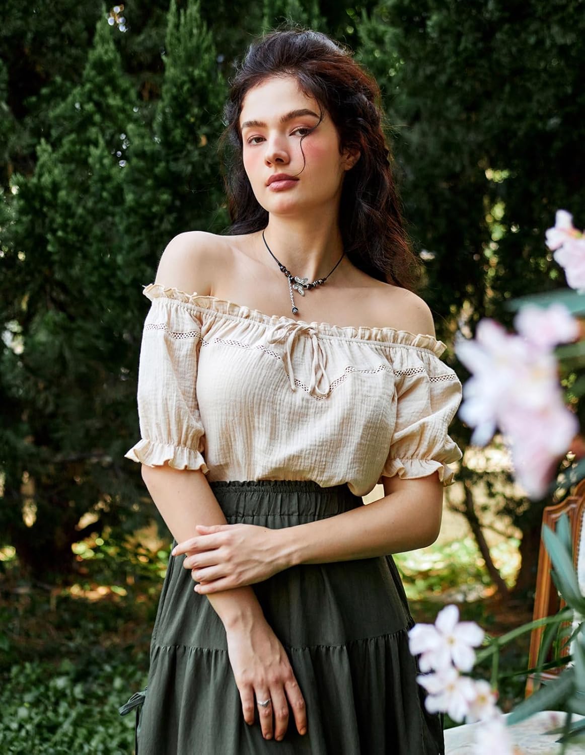 SCARLET DARKNESS Peasant Blouse for Women Off Shoulder Puff Sleeve Cotton Loose Summer Tops - Image 3