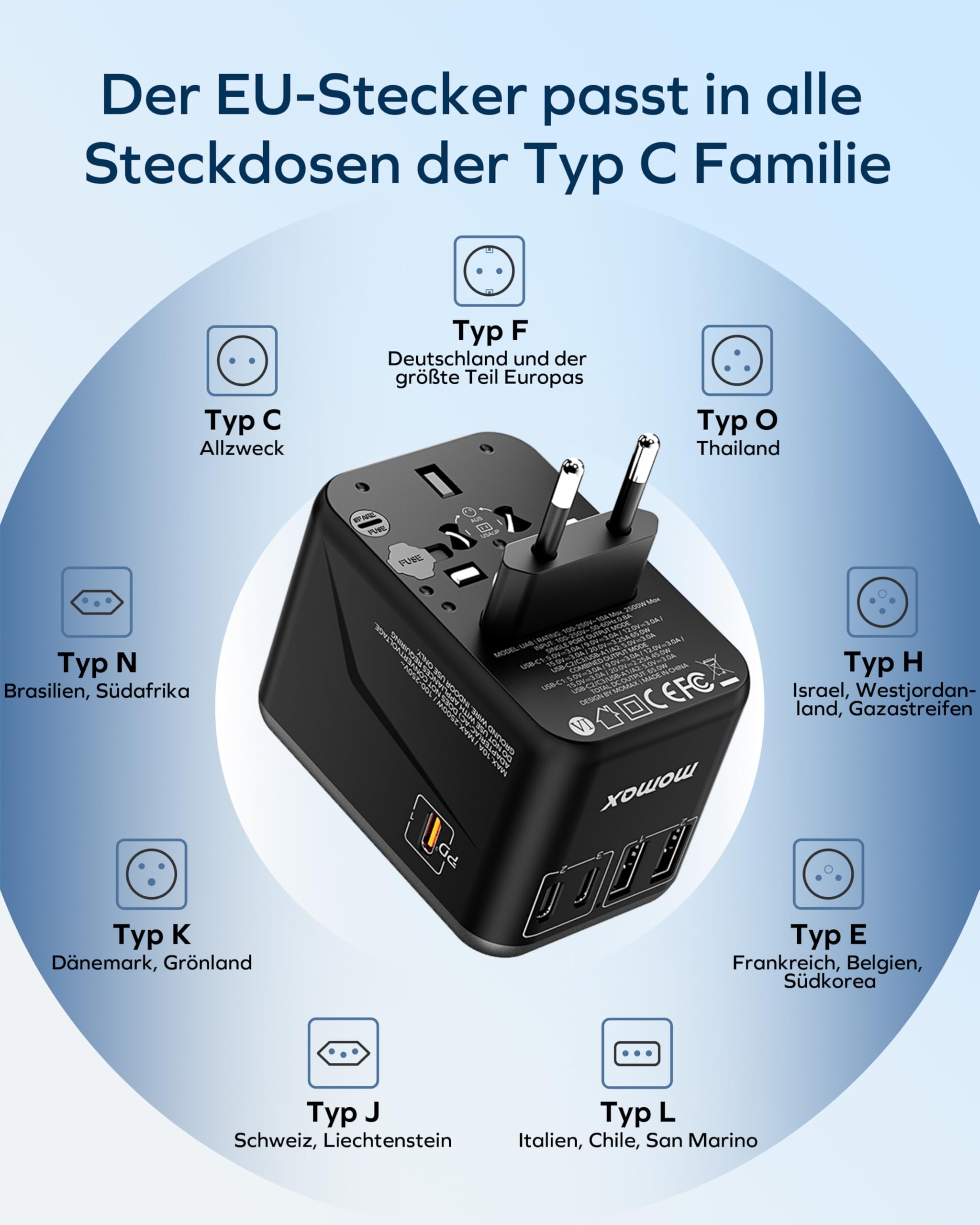 MOMAX Travel Adapter Worldwide, 70W GaN Reiseadapter Weltweit mit 3 USB C and 2 USB A,6-in-1 Worldwide Travel Adapter für EU UK USA Japan (TYP A/G/C/I)