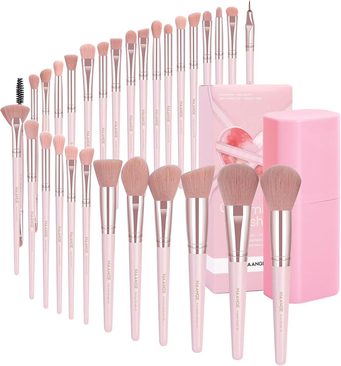 MAANGE 30Pcs Professional Makeup Brush Set with Case – Premium Synthetic Brushes for Foundation, Powder, Blush, Eyeshadow & Blending,Pink