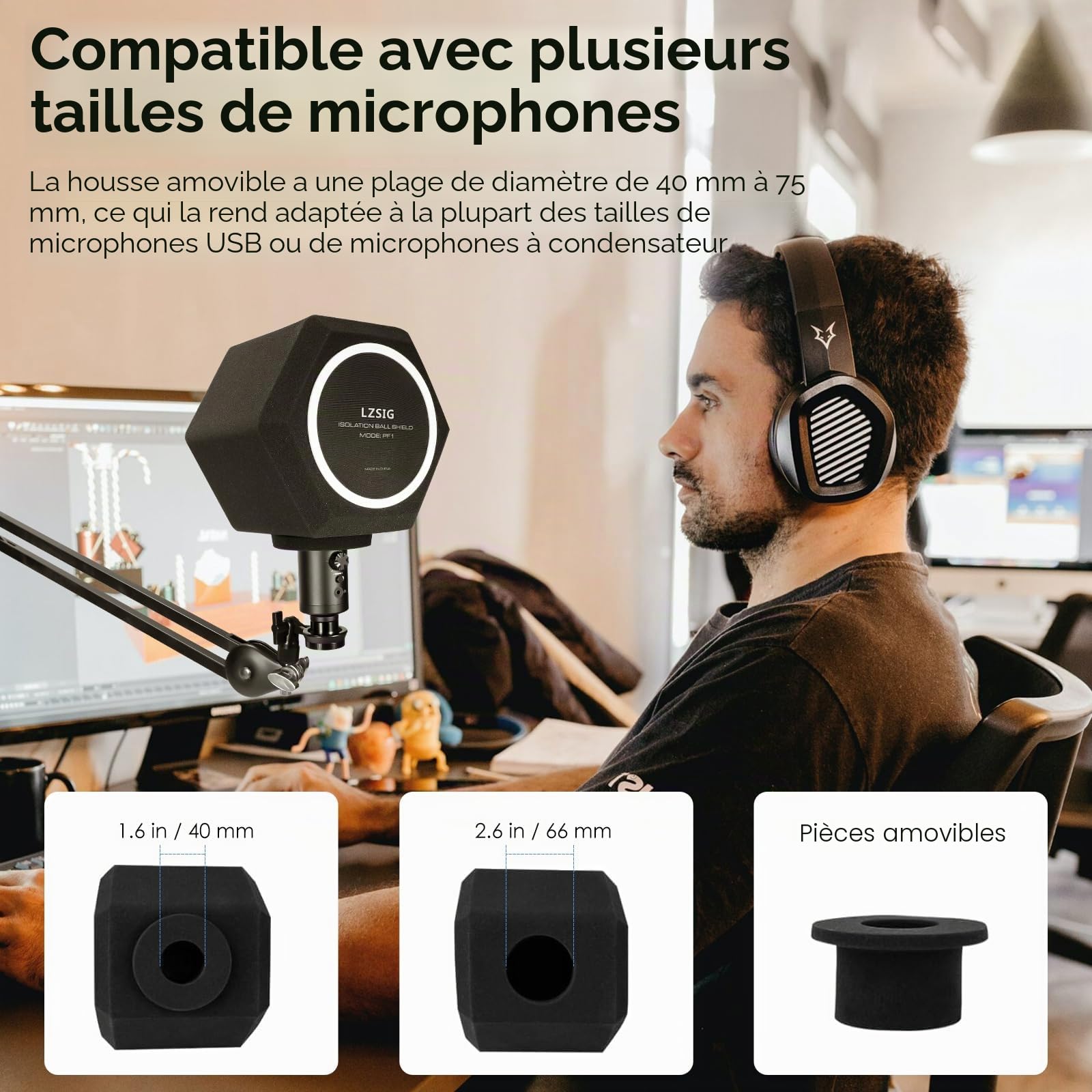 LZSIG Boule d'isolation professionnelle pour microphone avec filtre anti-pop à 2 couches pour micro, filtre de réflexion pour les studios d'enregistrement, mousse haute densité pour une excellente