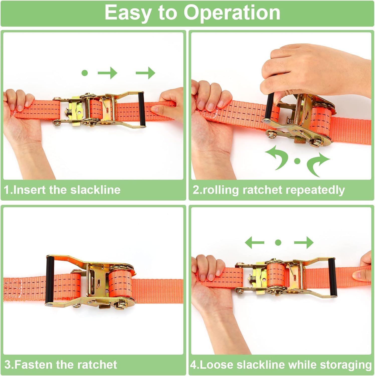 4 Jeux de 6M×38MM Sangle d'arrimage à Cliquet, Sangle a Cliquet avec Crochet en Polyester, Sangles de Serrage avec Tendeur à Cliquet pour Remorque, Moto, Voiture Orange
