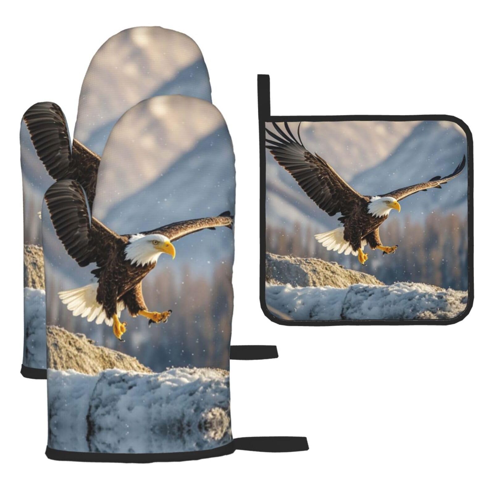 Oven Mitts and Pot Holders Set of 3 Heat Resistant Non-Slip Kitchen Gloves Hot Pads Bald Eagle Flying Mittens Non-Slip Potholders for Cooking Baking Grilling BBQ