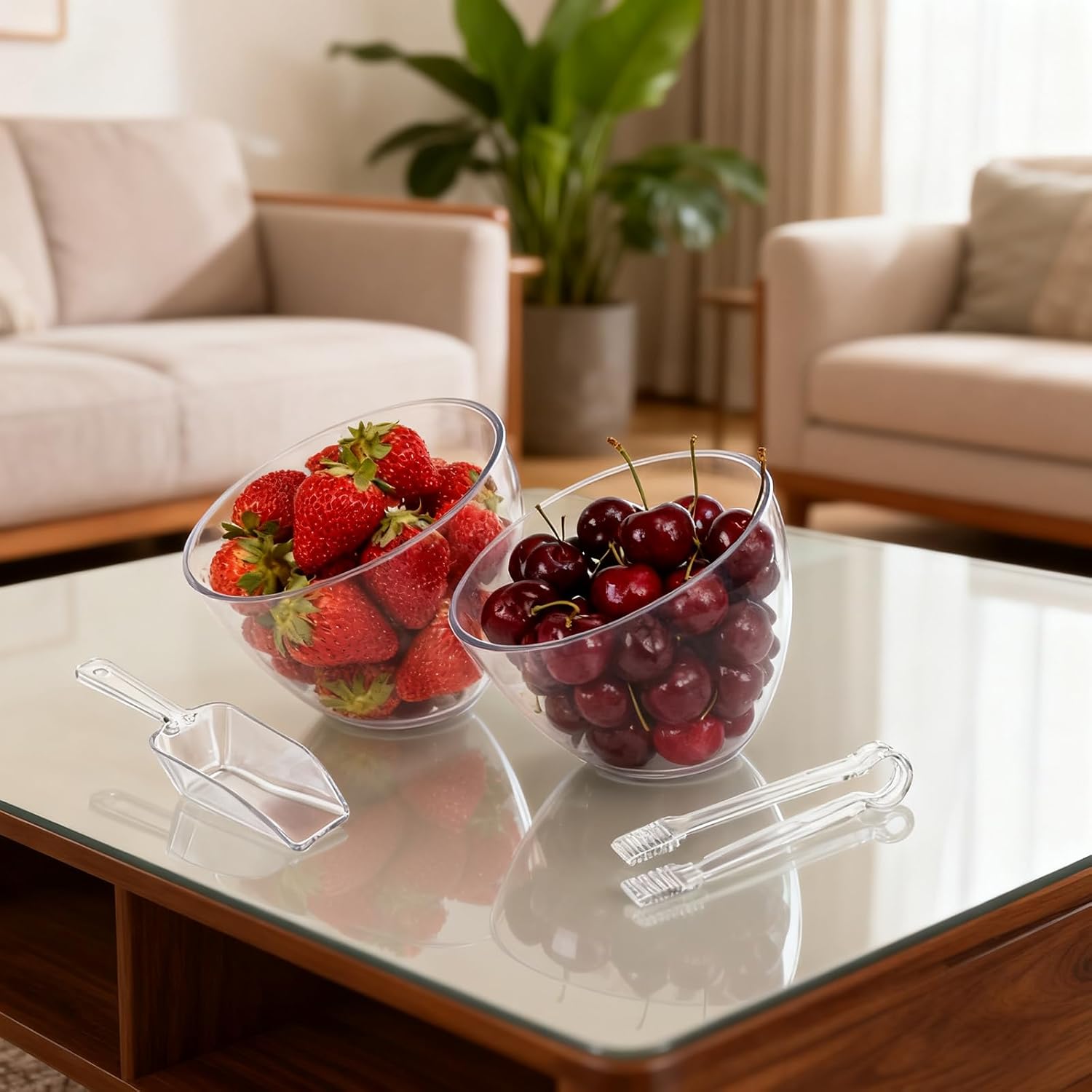 18 Pcs Serving Bowls Kit, 25 oz Buffet Containers Set, Include Parties Clear Plastic Angled Bowls, Plastic Kitchen Candy Scoops and Tongs, for Serving Food, Appetizers, Party Supplies