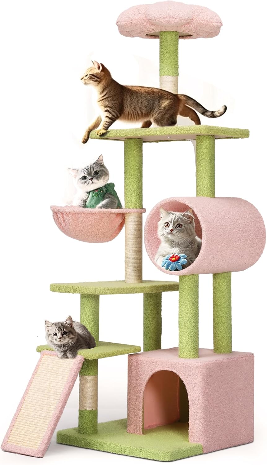 YITAHOME Tall Flower Cat Tree Tower with Detachable Perch, 65in Cute Cat Climbing Tower for Indoor Cats with Cat Condo, Basket, Tunnel, Sisal Scratching Posts and Board, Pink and Green