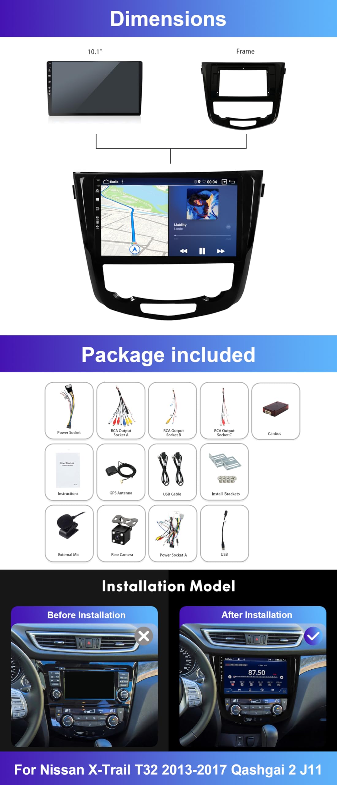 [6GB + 128GB] Android 15 Radio Coche para Nissan X-Trail Qashqai j11 Rouge 2013-2018, Cámara y micrófono Autoradio Carplay Android Auto GPS Navi WiFi FM/RDS BT Mirror Link 10" IPS