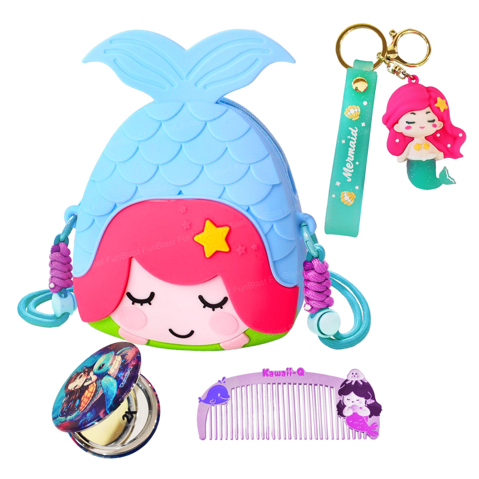 funblast Mermaid Sling Bag With Key Ring, Comb and Mirror – Silicone Mini Purse for Girls, Stylish Cross Body With Adjustable Strap, Korean-Style-picture-28