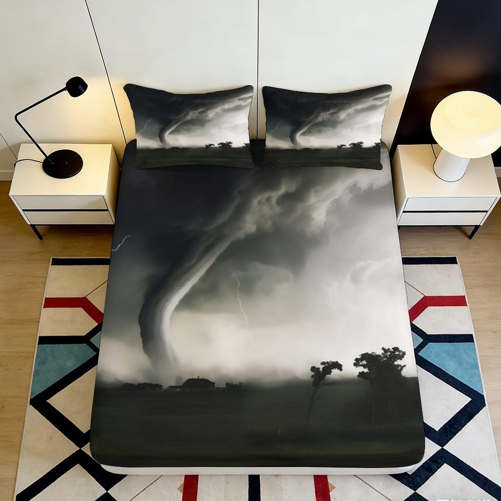 3D Printed Tornado Storm Fitted Sheet Microfiber Soft Dark Sky Mattress Cover for Bedroom Dorm Bed Protection Decor 180x200x25cm
