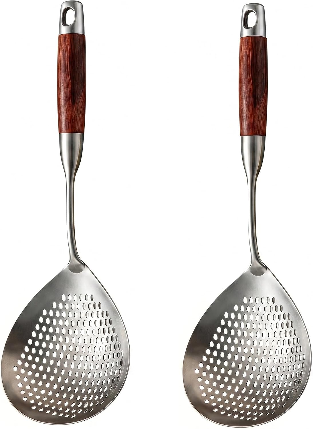 Generic Wooden Handle Stainless Steel Skimmer, Stainless Steel Oil Skimmer, Home Kitchen Long Handle Cooking Slotted Spoon (2pcs)