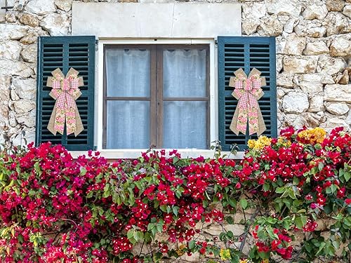 Miniatura 3 de Arcos grandes de corona de primavera, rosas rosas, flores, arcos de arpillera para corona, lazos de cinta marrón a cuadros rosa y blanco, lazos de