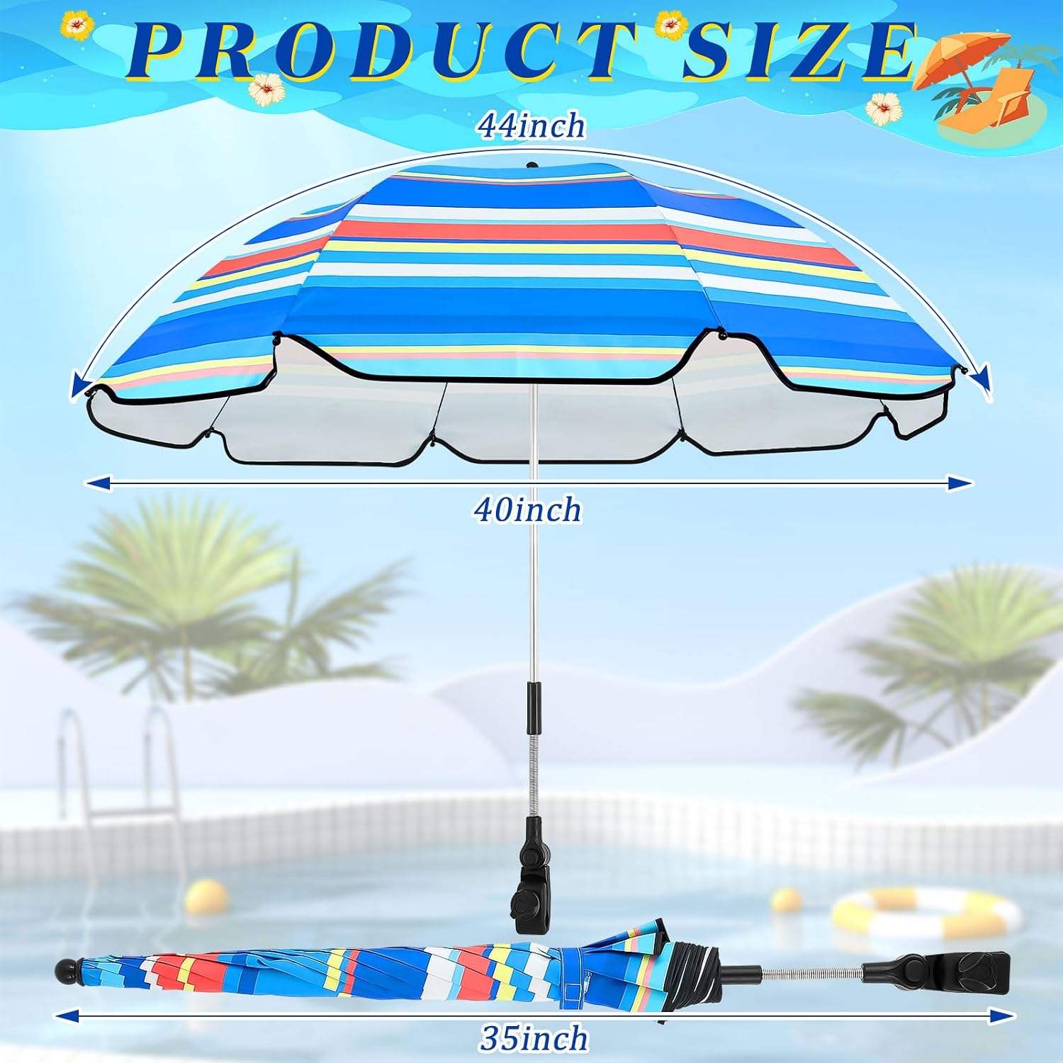 Buryeah 2 Pcs Beach Chair Umbrella Automatic with Universal Adjustable Clamp 44" UPF 50+ Portable Clamp on Beach Chair for Wheelchair Patio Golf Carts Camping image 2